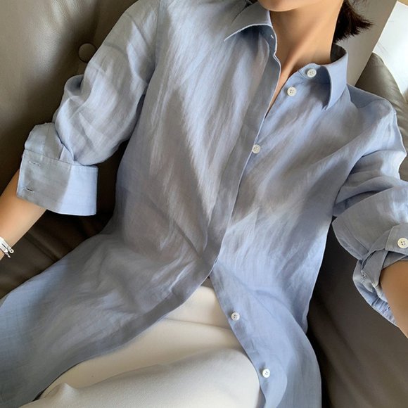 CHICJOC Women 100% Ramie Botton-down shirt size 36 in baby blue - Picture 10 of 16